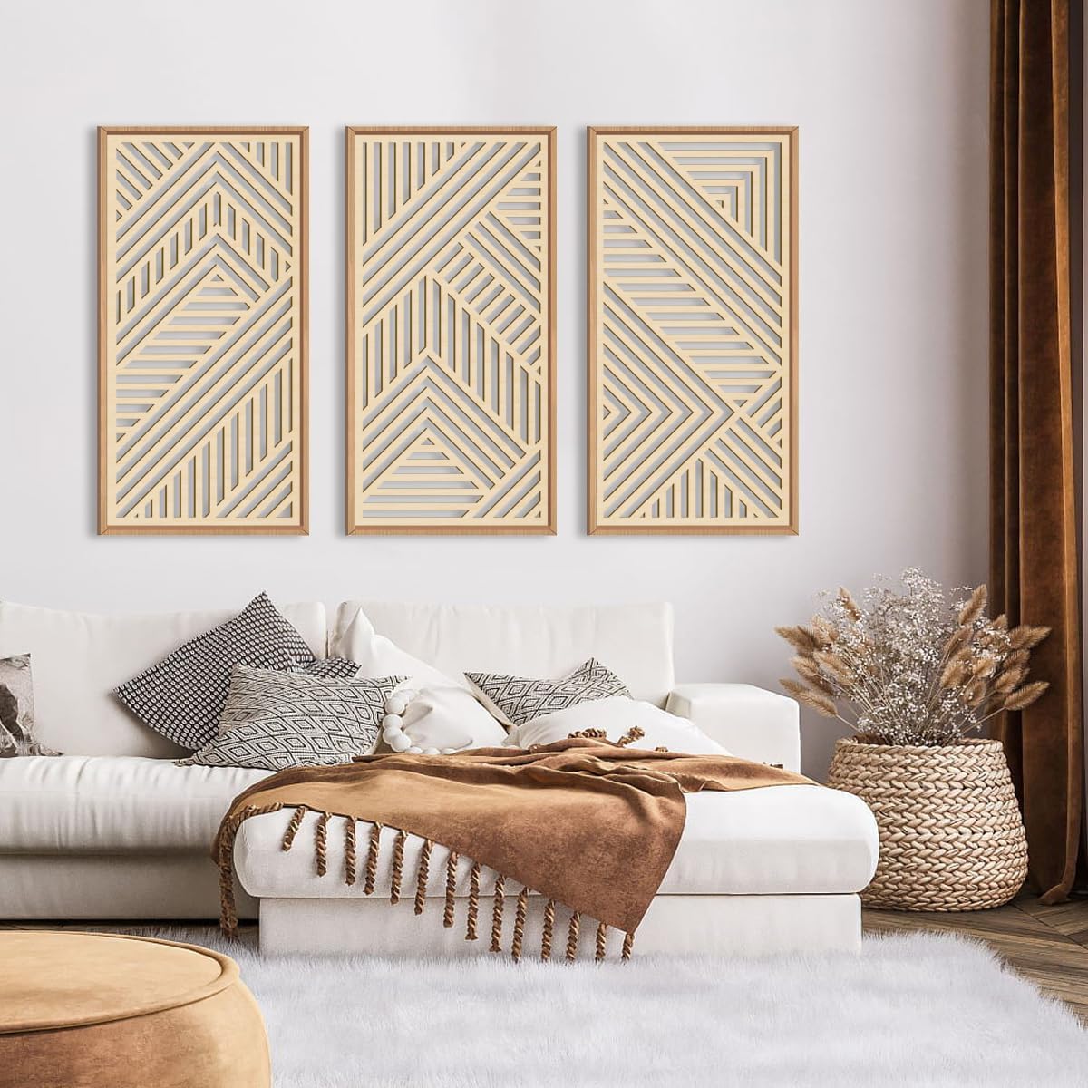 IARTTOP 3 Pieces Wood Boho Wall Art Framed Mid century Modern Wooden Wall Decor Large Minimalist Geometric Line Decor for Living Room Bedroom Office-16 x32