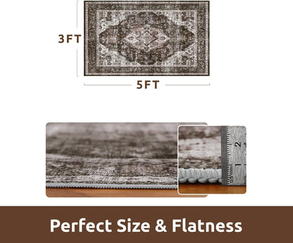 AMOAMI-3X5 Area Rug-Soft Washable Vintage Throw Accent Rugs for Living Room, Entryway, Bedroom, Kitchen, Bathroom, Laundry Room, Kitchen, Bathroom, Bedside, No Slip Brick/Brown
