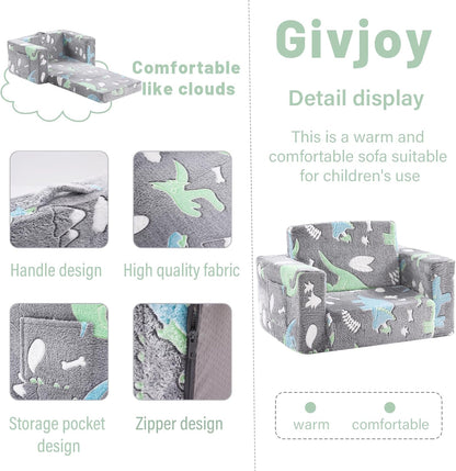 Toddler Chair Kids Couch, 2-in-1 Toddler Soft Sherpa Couch Fold Out Armchair with Removable Cover, Convertible Reading Chair Toddler Sofa for Kids, Glow in The Dark Plush Grey Dinosaur