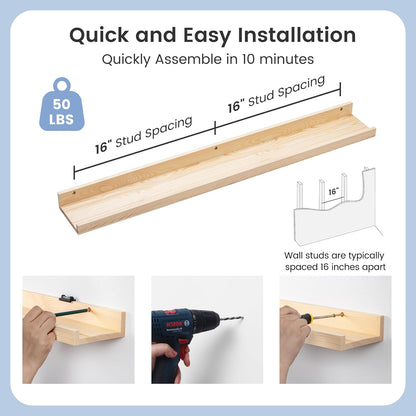 Picture Ledge Shelf for Wall, 36 inch Solid Pine Wood Nursery Book Shelves 2 Packs, Floating Ledge Shelves for Kids' Room Bedroom Bathroom Living Room Photo Frames Office Nursey Wall Decor, Natural