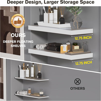 Large Floating Shelves for Wall Set of 3 Wooden Wall Shelves 30 in x 12.75 in x 2 in Room Decor Long Shelf with Invisible Wall Mount Bracket for Bedroom Kitchen Living Room White