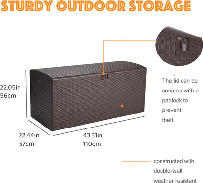 73 Gallon Large Storage Box with Lid,Waterproof Outdoor Storage Container for Patio Furniture Cushions, Gardening Tools, Pool Accessories, Lockable Resin Deck Box with handle Brown