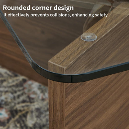 31.5" Glass Coffee Table, MDF Mid-Century Modern Square Coffee Table with Tempered Glass Top, Square Center Tables for Small Space Living Room Office Apartment, Walnut