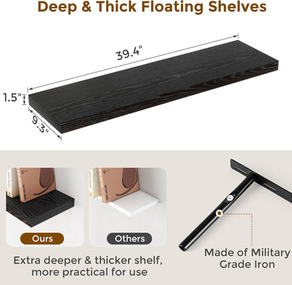 40 Inch Floating Shelves Black, 40" W x 9" D Floating Shelf Set of 2, Farmhouse Wood Wall Shelves for Bedroom, Kitchen, Wall Mounted Deep Shelving for Home Decor