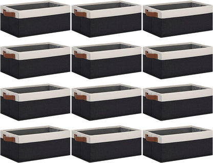 GhvyenntteS Storage Baskets for Shelves 12 Pack, Fabric Storage Bins with Leather Handles, Foldable Rectangular Storage Baskets for Organizing Home, Office (Black/White, 11.8" x 7.87" x 5.11")