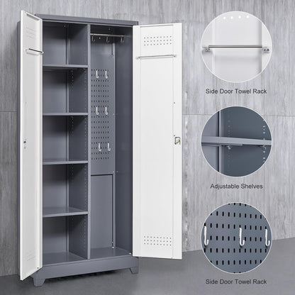 Garage Storage Cabinet,Broom Closet with Lock,Locking Cabinets with Hanging Rod & S-Hooks for School,Garage,Grey-White