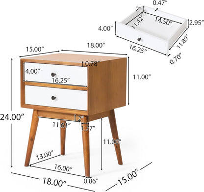 Christopher Knight Home Mid-Century Nightstand, Acacia Wood Nightstand Side Table, Accent Bedside End Table with Solid Wood Legs for Bedroom, Dorm and Small Spaces,White + Natural Oak