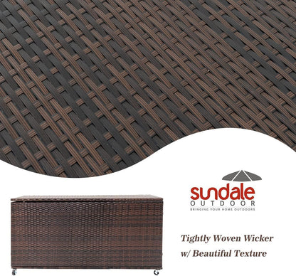 Outdoor 170 Gallon Water-Resistant Wicker Storage Box with Wheels, PE Rattan Deck Box with Waterproof Liner for Outside, Patio Storage Container with Hinged Lid, Horizontal Bin, Brown