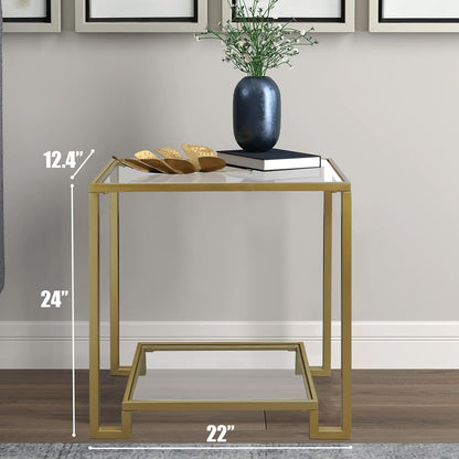 2 Tier Rectangular Side Table, Gold End Table with Glass Top, Modern Metal Clear Coffee Table，Small Accent Table for Living Room, Bedroom, 22" x 12.4" x 24"
