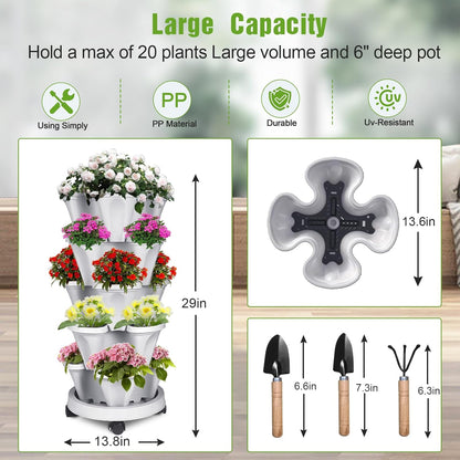 5 Tier Vertical Strawberry Planter-Tower Stackable Herb Planters-Stacking Garden Outdoor Planter Pot With Tools Mover For Flowers, Vegetables and Succulents