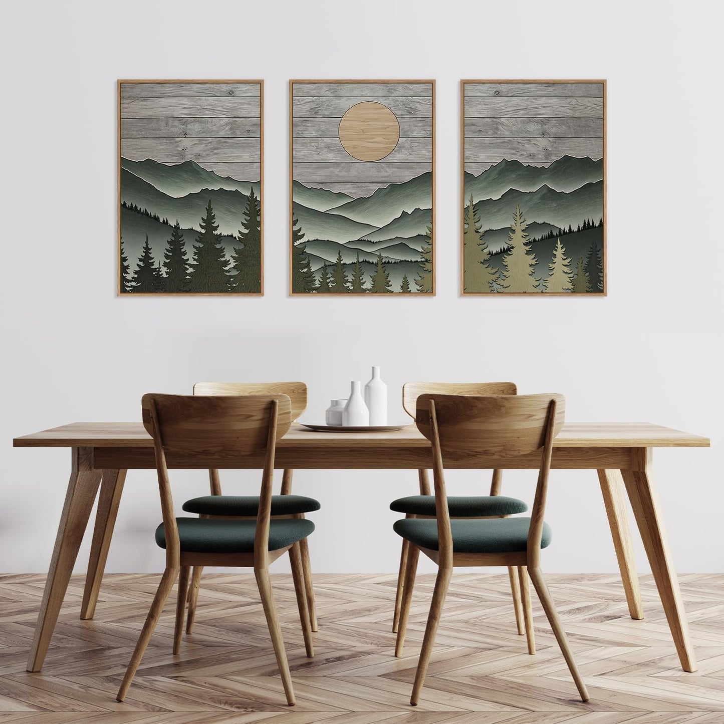 HLNIUC Mountain Framed Canvas Wall Art,Large Green Forest Woodcut Wall Decor Set of 3(16”x24”)Abstract Sun Forest Pine Trees Wall Painting,Rustic Sun Nature Landscape Art Print for Living Room,Bedroom