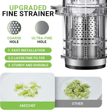 AMZCHEF Cold Press Juicer, Juicer Machines - 3.1" Large Feed Chute for Whole Fruits & Vegetables, Stainless Steel Slow Masticating Juicer Easy to Clean, Large Auger, Double Strainers, Silver