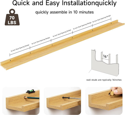 Floating Picture Ledge Shelves for Wall Set of 2, 95 Inches Picture Ledge Shelf with Long Large Nursery Book Shelf for Toys Storage Kids Bookshelf Wall Mounted Living Room Bedroom Decor Frames, Oak