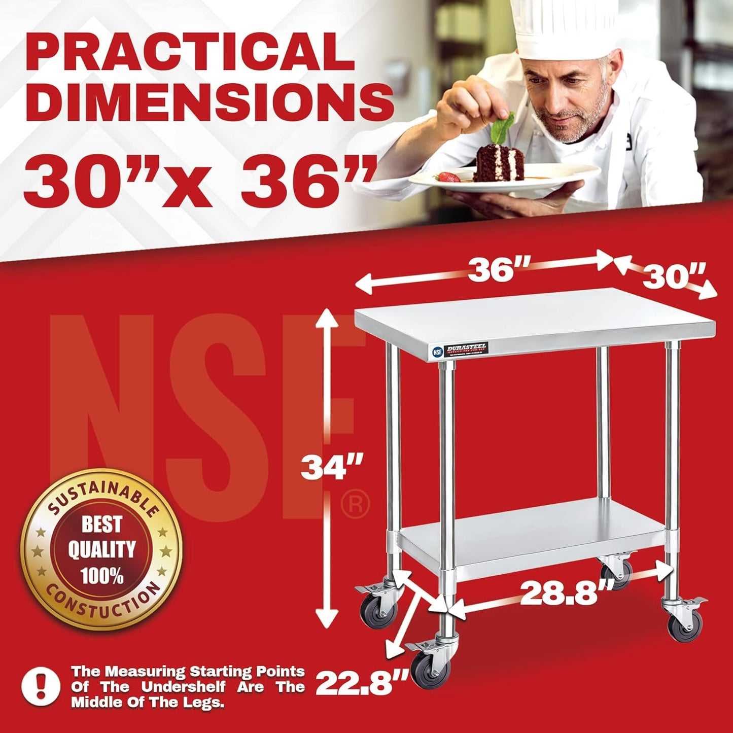 DuraSteel 30x36 NSF Stainless Steel Cart Work Table - Heavy Duty Rolling Food Prep Table Countertop Island - Metal Utility Cart on Wheels Caster, Grill Stand Storage Outdoor Kitchen Tables Bar Top