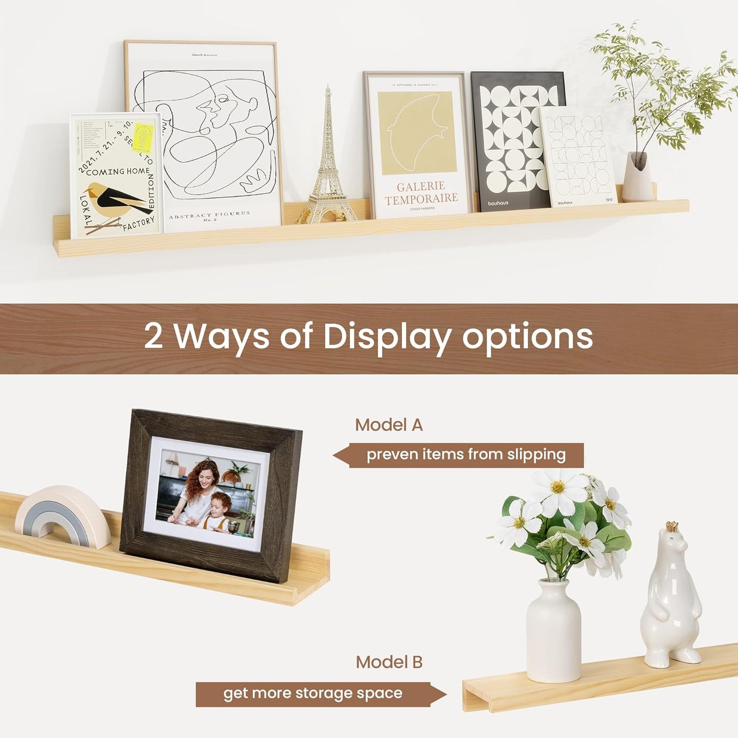 Picture Ledge Shelf, Solid Pine Wood Floating Shelves Set of 2, 40 Inches Nursery Book Shelves for Toys Storage, Kids Bookshelf Wall Mounted for Living Room Decor Photo Frames, Unfinished Natural