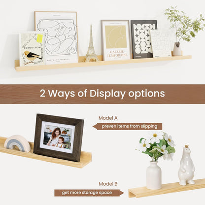 Picture Ledge Shelf, Solid Pine Wood Floating Shelves Set of 2, 40 Inches Nursery Book Shelves for Toys Storage, Kids Bookshelf Wall Mounted for Living Room Decor Photo Frames, Unfinished Natural
