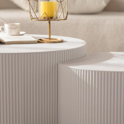 Round Nesting Coffee Table White Round Fluted Coffee Table Set of 2 for Living Room Small Circle Drum Coffee Tables Crescent End Table (White A 18in)