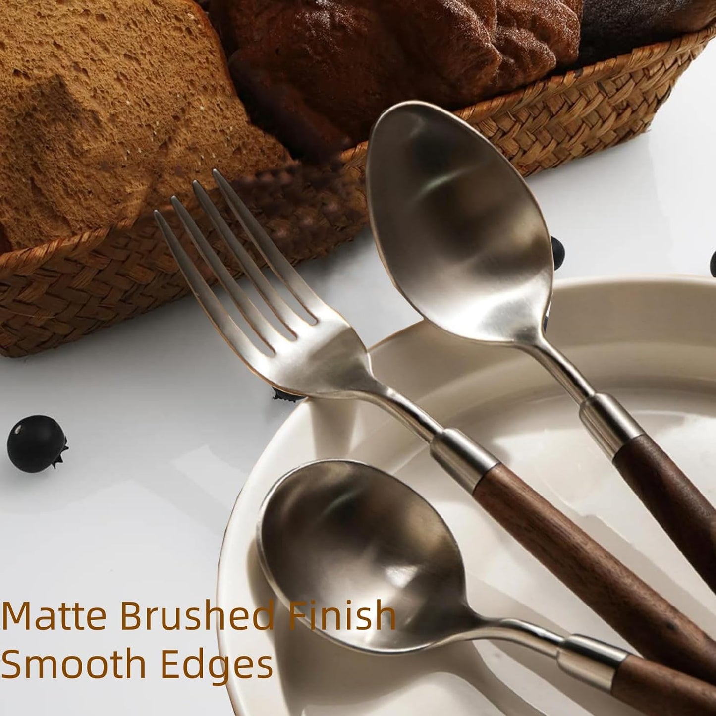 Silverware Set 16 Piece Flatware Cutlery Set Service for 4,18/10 Stainless Steel Forged Walnut Wooden Handle Matte Brushed Dishwasher Safe Premium Durable Utensil Sets for Home Kitchen Wedding