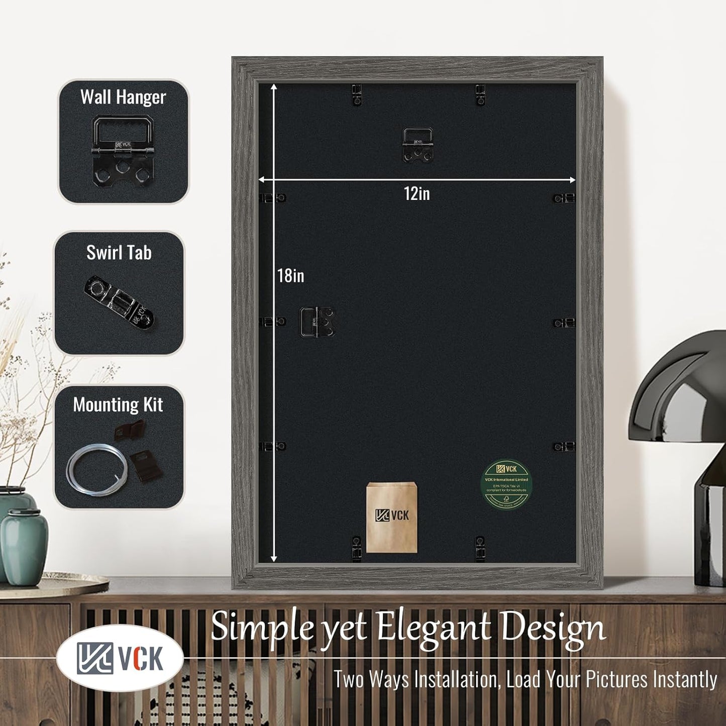 VCK 12x18 Frame Set of 3, Gray Solid Wood Poster Picture Frame, Exclusive Wood Grain, Wall Gallery Frame