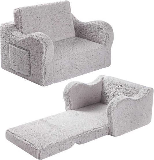 Kids Chairs for Toddler, 2-in-1 Toddler Soft Sherpa Couch Fold Out, Convertible Sofa to Lounger for