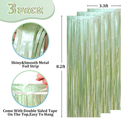 3 Pack 3.3 x 8.2 ft Sage Green Foil Fringe Backdrop Curtains, Tinsel Streamers Party Decorations, Door Shimmer for Baby Shower, Birthday, Martini Party Decorations