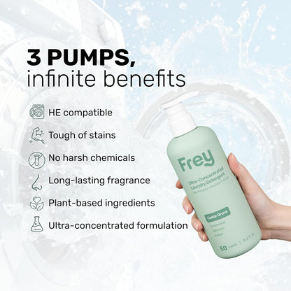 FREY Concentrated Liquid Laundry Detergent | Formulated for Sensitive Skin & HE Washers | Removes Stains Effectively | 50 Loads per Bottle (1-pack Cedar Grove)