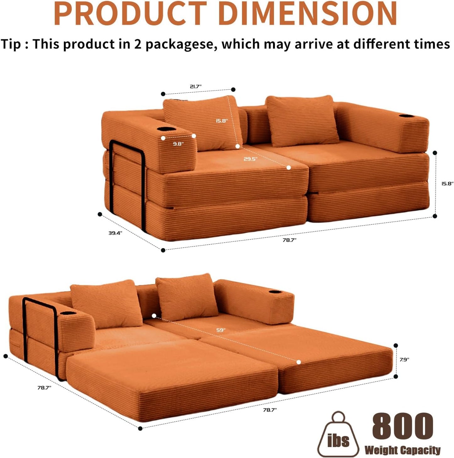 78" W Loveseat Sofa, 4 in 1 Convertible Floor Sofa Bed, Boneless Cloud Couch with Cup Holder, Fold Out Floor Couch, Loveseat Recliner Sleeper for Living Room Bedroom Lounge(Corduroy, White)