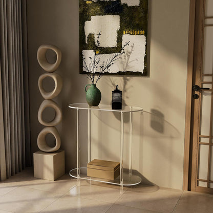Acrylic Console Table, Oval, 29.5" Small Entryway Table, Clear Entry Table for Sofa, Foyer, Hallway, Living Room, Easy Assembly, 2 Tier, 11.8" D x 31.5" H