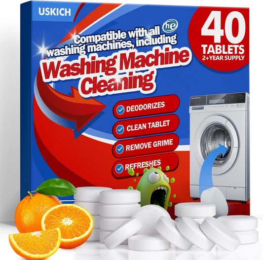 USKICH Washing Machine Cleaner Descaler 40 Pack-Deep Cleaning Tablets For HE Front Loader & Top