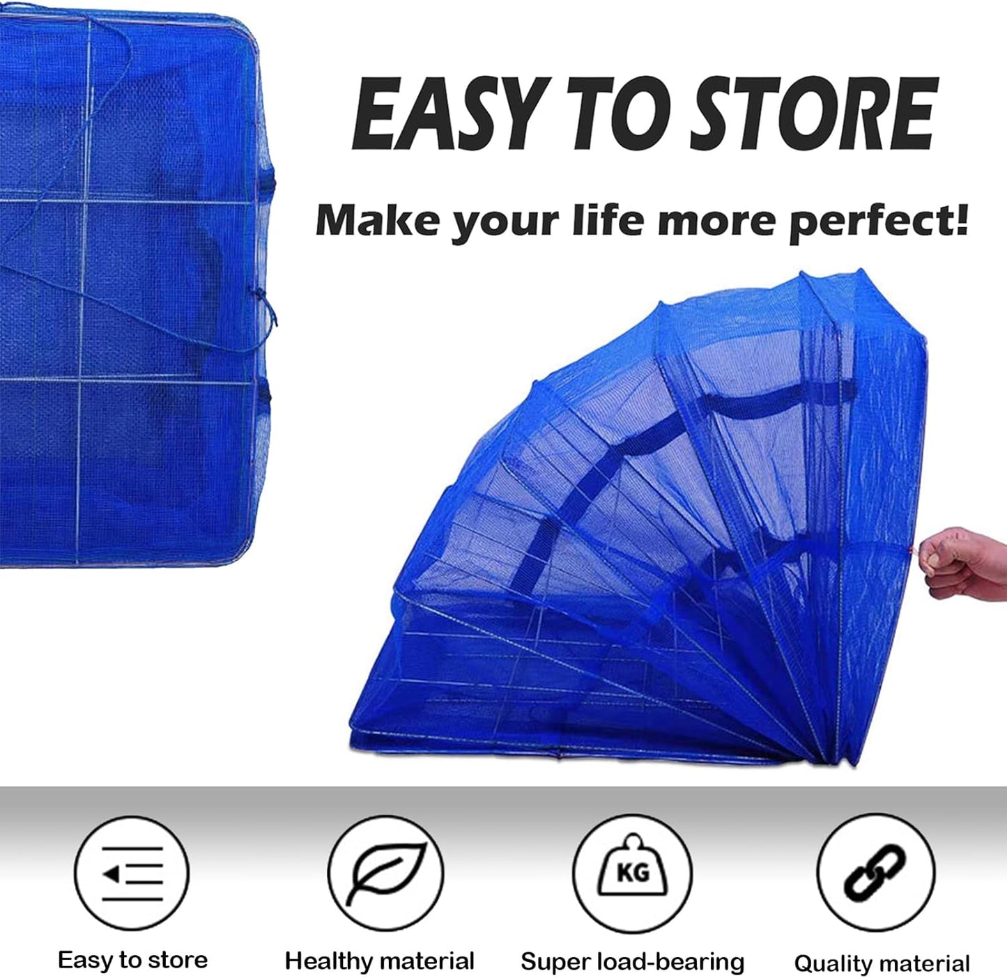 Drying Rack 6 Layers Folding Fish Mesh, Foldable Nylon Netting, Hanging Drying Fish Net, for Shrimp Fish Fruit Vegetables Herb, with Zipper Opening-Blue (37.4X19.6X19.6 in)…