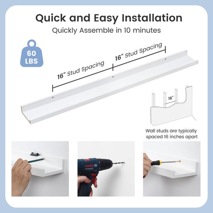 Picture Ledge Shelf for Wall, 48 inches Solid Pine Wood Nursery Book Shelves 3 Pack, Floating Ledge Shelves for Kids' Room, Bedroom, Bathroom Long Floating Shelves for Wall, White