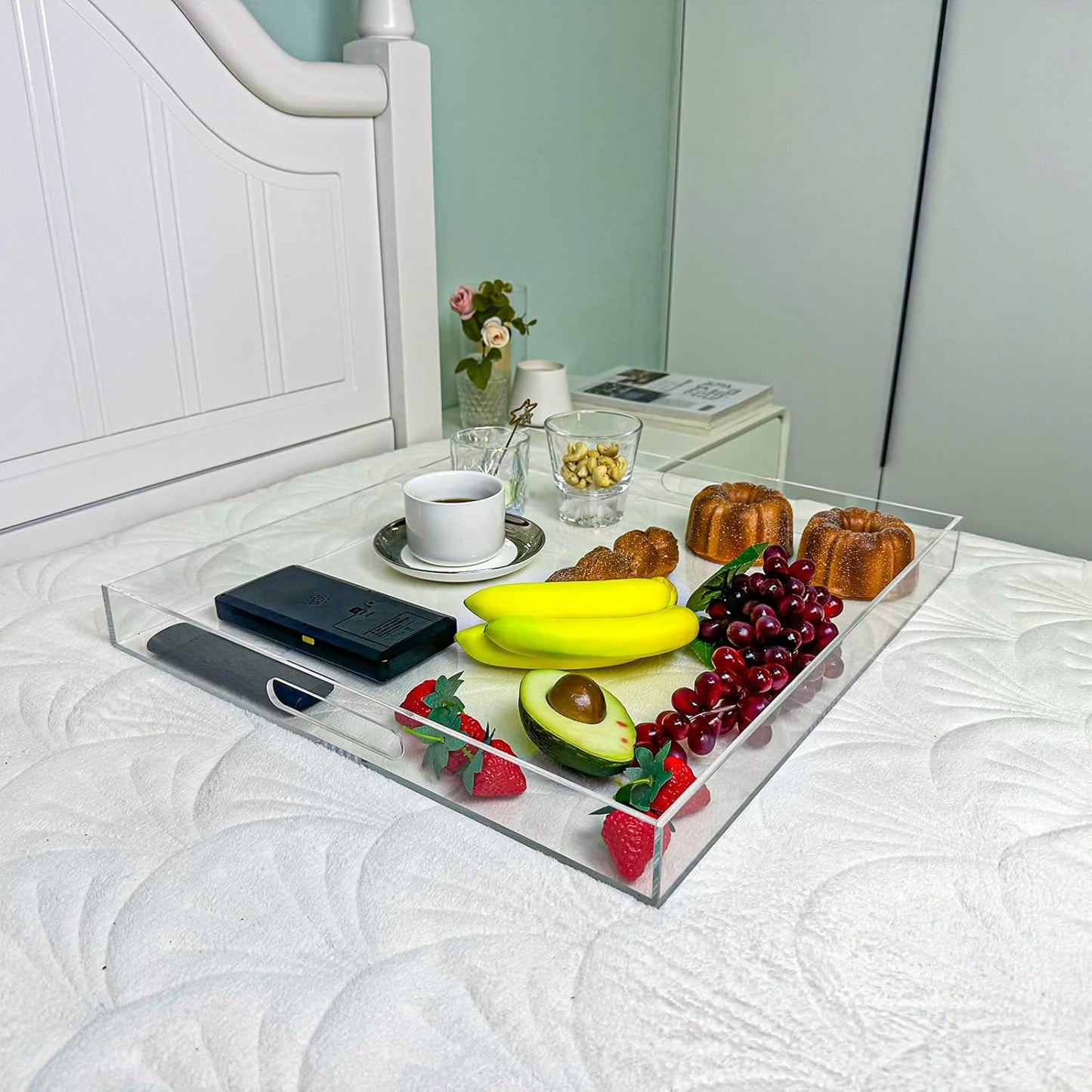 Clear Rectangular 18x20 Inches Acrylic Ottoman Tray Decorative Serving Tray with Cutout Handles Organizer Tray on Coffee Table Countertop Big Breakfast Bed Tray Living Room Appetizer Serving Food
