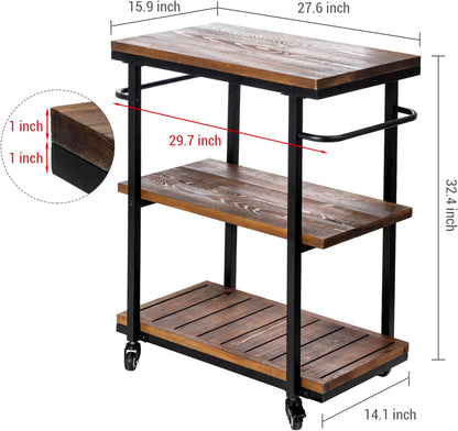 Bar Carts for The Home, Rolling Home Bar Serving Cart on Wheels, 3 Tier Portable Bar Cart, Rolling Coffee Cart with Lockable Wheels, Rustic Burnt Solid Wood and Industrial Matte Black Metal