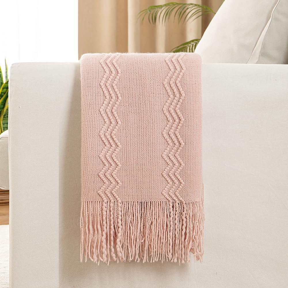 MIULEE Light Pink Knitted Throw Blanket for Couch Bed, Boho Textured Cozy Woven Decorative Farmhouse Blanket with Tassels for Sofa Chair Living Room 50"x60"