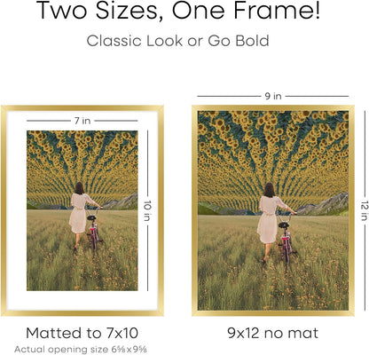 Homeforia 9x12 Gold Frame, High End Metal 9 x 12 Picture Frames with Mat 7 by 10 inch Photo, 9by12 Thin Poster Frame Matted to 7x10 Art, 12x9 Wall or Tabletop Frame, Tempered Glass, Wall Kit, Set of 1