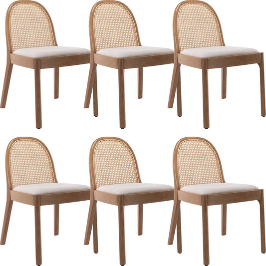 Mid Century Dining Chairs Set of 6, Accent Rattan Linen Fabric Side Chairs Kitchen Chair with Solid