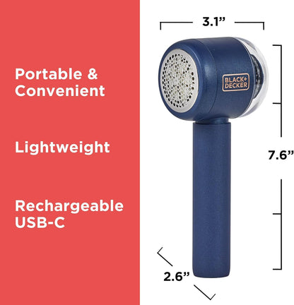 BLACK+DECKER Rechargeable USB-C Fabric & Garment Shaver – Large Capacity Lint Remover for Clothing and Upholstery, 6 Stainless Steel Blades