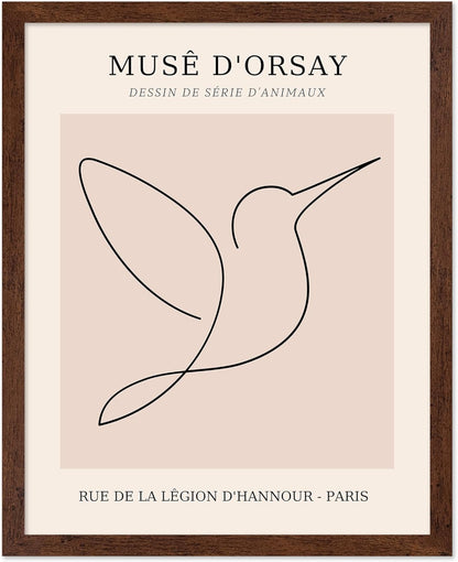 Poster Master Vintage Poster - Retro One Line Hummingbird Drawing Print - Bird Line Art - Minimal Gift for Him, Her, Animal Lover - Abstract Decor for Home, Office, 11x14 Brown Framed