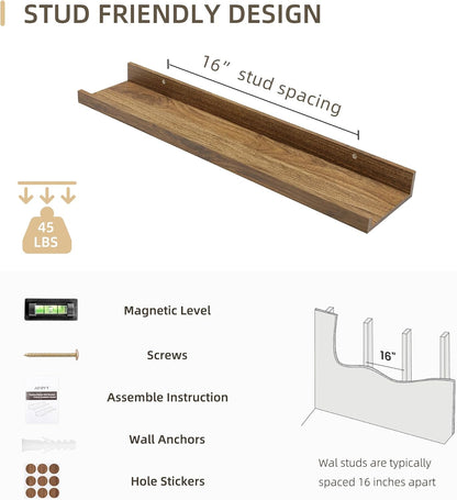 Picture Ledge Shelf, Wood Floating Shelves Set of 4, 24 inch Picture Ledge Shelves, Photo Ledge Nursery Book Shelves Wall Mounted for Living Room Kids' Room Bedroom, Color Walnut