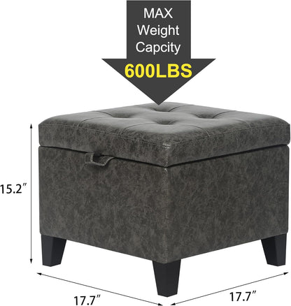 Adeco Faux Leather Storage Ottoman Bench with Wood Legs, 17.7" Square Mixed Grey PU Cube Foot Stool, Upholstered Button Tufted Vanity Chair with Hinged Lid for Living Room, Bedroom, Dorm