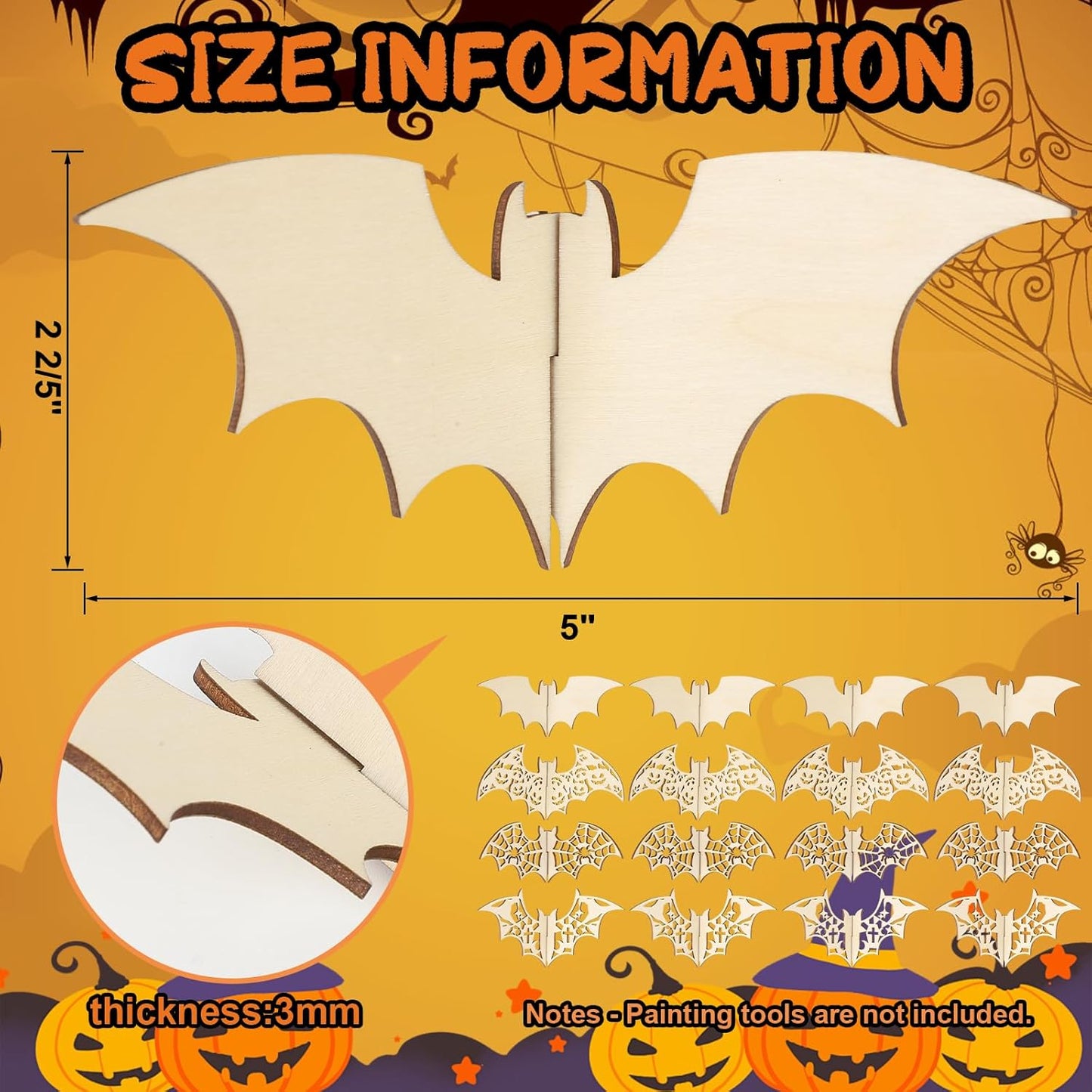 COCHIE DIY 3D Halloween Bats Wood Crafts to Paint for Kids Adults, Paintable Unfinished Wooden Slices for Craft, Bat Cutouts Ornaments for Painting Decorations (24 PCS)