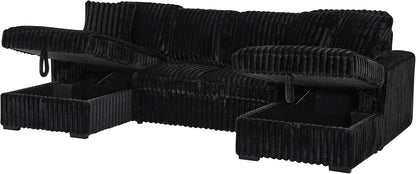 THSUPER Oversized U Shaped Plush Corduroy Fluffy Sectional Sleeper Sofa with Pull Out Bed and Double Storage Chaise for Living Room - Black
