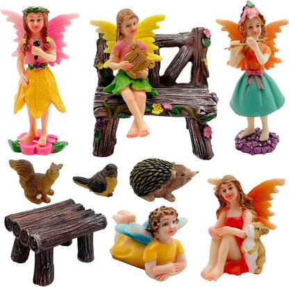 Fairies Set of 10 Pcs Miniature Garden Figurines - Outdoor Decor Art for Fall Winter, Outdoor Statue for Patio, Lawn, Yard Decoration