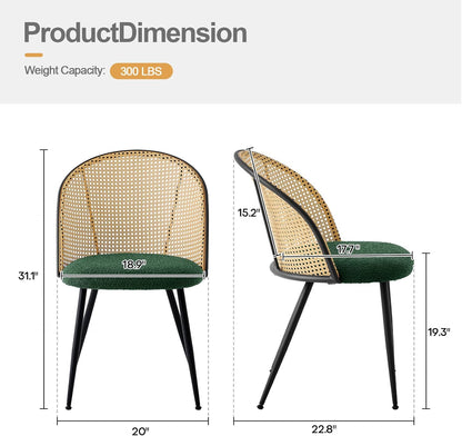Rattan Dining Chairs Set of 2, Mid-Century Modern Kitchen Dining Room Chairs with Full Cane Backrest Armless Upholstered Farmhouse Boucle Dining Chairs with Metal Leqs for Dining Room, Green