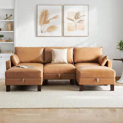5 Seater Faux Leather Sofa Couch, 98'' L Shape Sectional Couch, Mid Century Modern Decor, Office Sectional Sofa Bed, for House, Apartment, Living Room, Tan