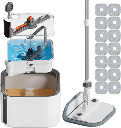 Upgraded Spin Mop and Bucket Self-Standing Mop Bucket Separate Dirty and Clean Water System Self Wringing 360° Rotating Clean Mop and Bucket Set (Light Gray, 14Pads Mop and Bucket Set)