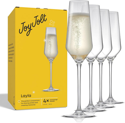 JoyJolt Champagne Glasses Layla Collection, Set of 4 – 6.7 oz Elegant Crystal Stemmed Champagne