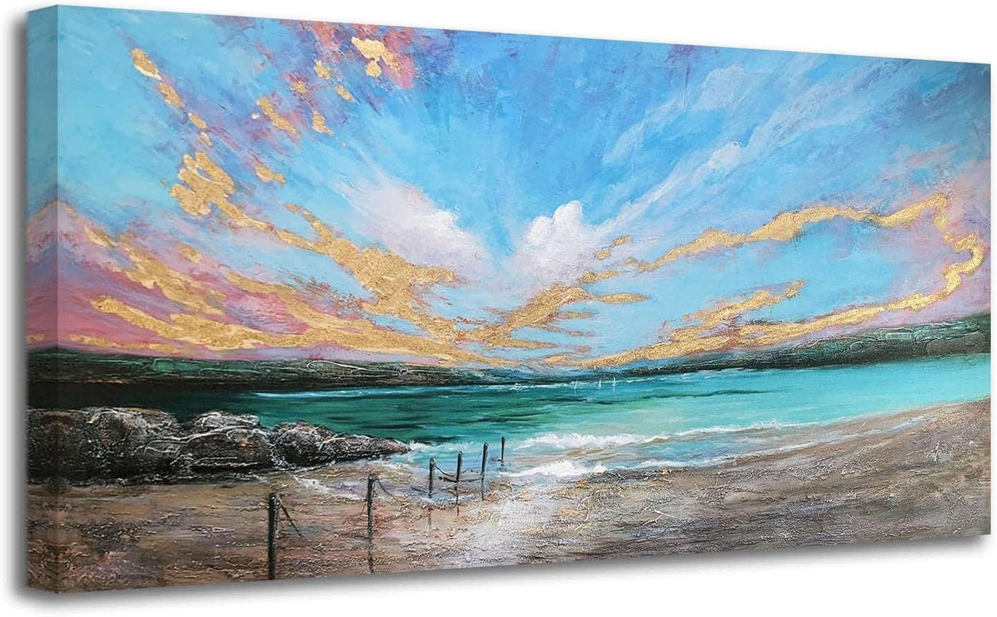 Arjun Ocean Teal Wall Art Canvas Coastal Beach Painting Blue Turquoise Landscape Sunset Picture, Panoramic Gold Foil Textured Large Artwork Framed for Living Room Bedroom Bathroom Wall Decor 40"x20"