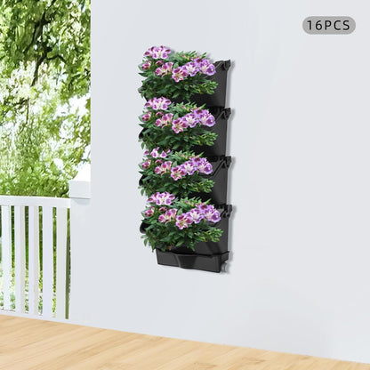 20Pack Vertical Wall Planter, 13 inch Wall Mounted Garden Planters, Stackable Wall Hanging Planter, Plastic Flower Pot with 4 Drainage Tray & 6.56FT Drainage Pipe for Indoor and Outdoor (Black)