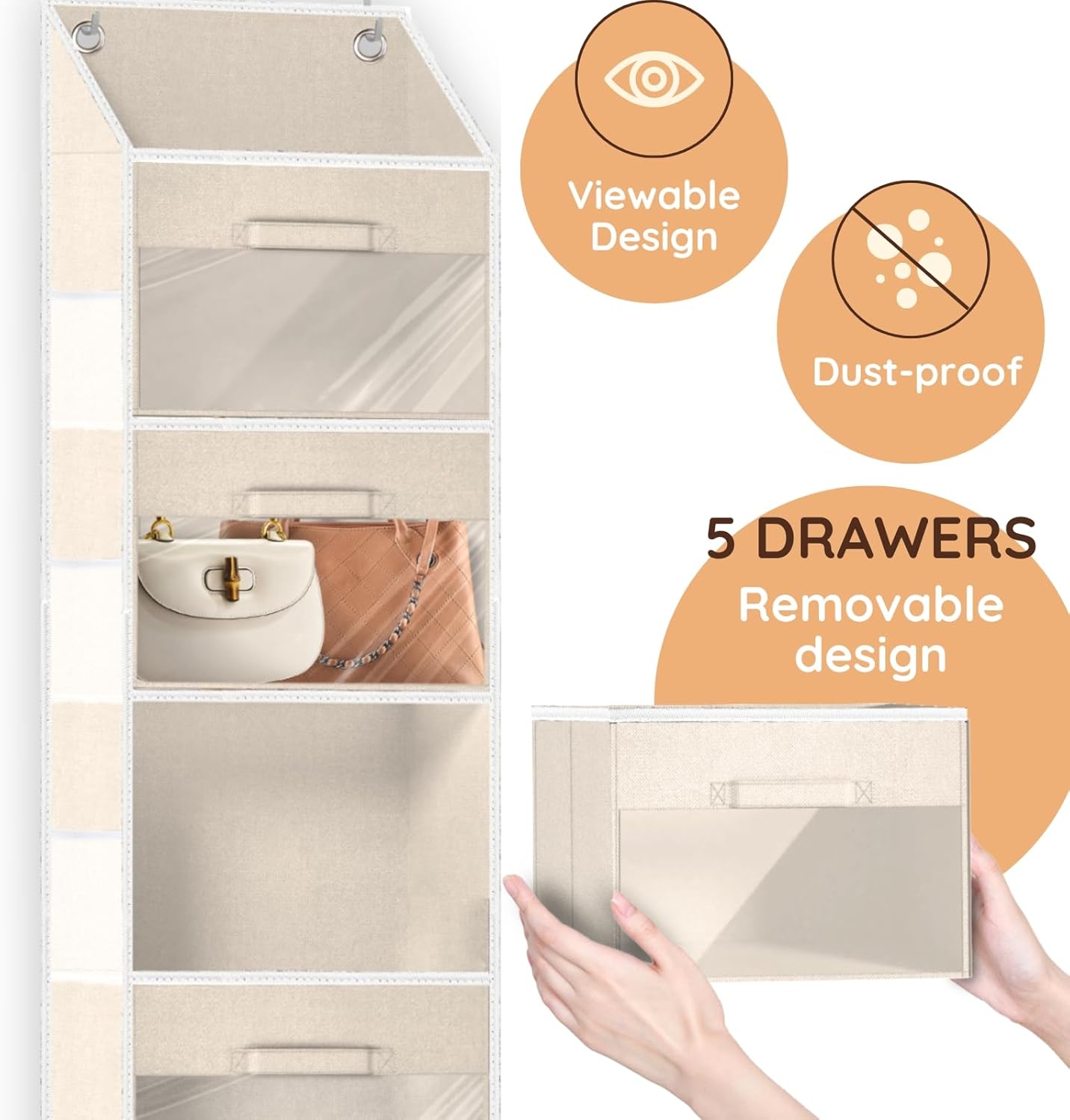Over the Door Organizer with Drawers, 5 Tier Hanging Storage with Removable Bins & 10 Side Pockets, Over Door Closet Organizer for Baby Items, Yarn, Bed Sheets, Clothes, Toys, Towels – Beige